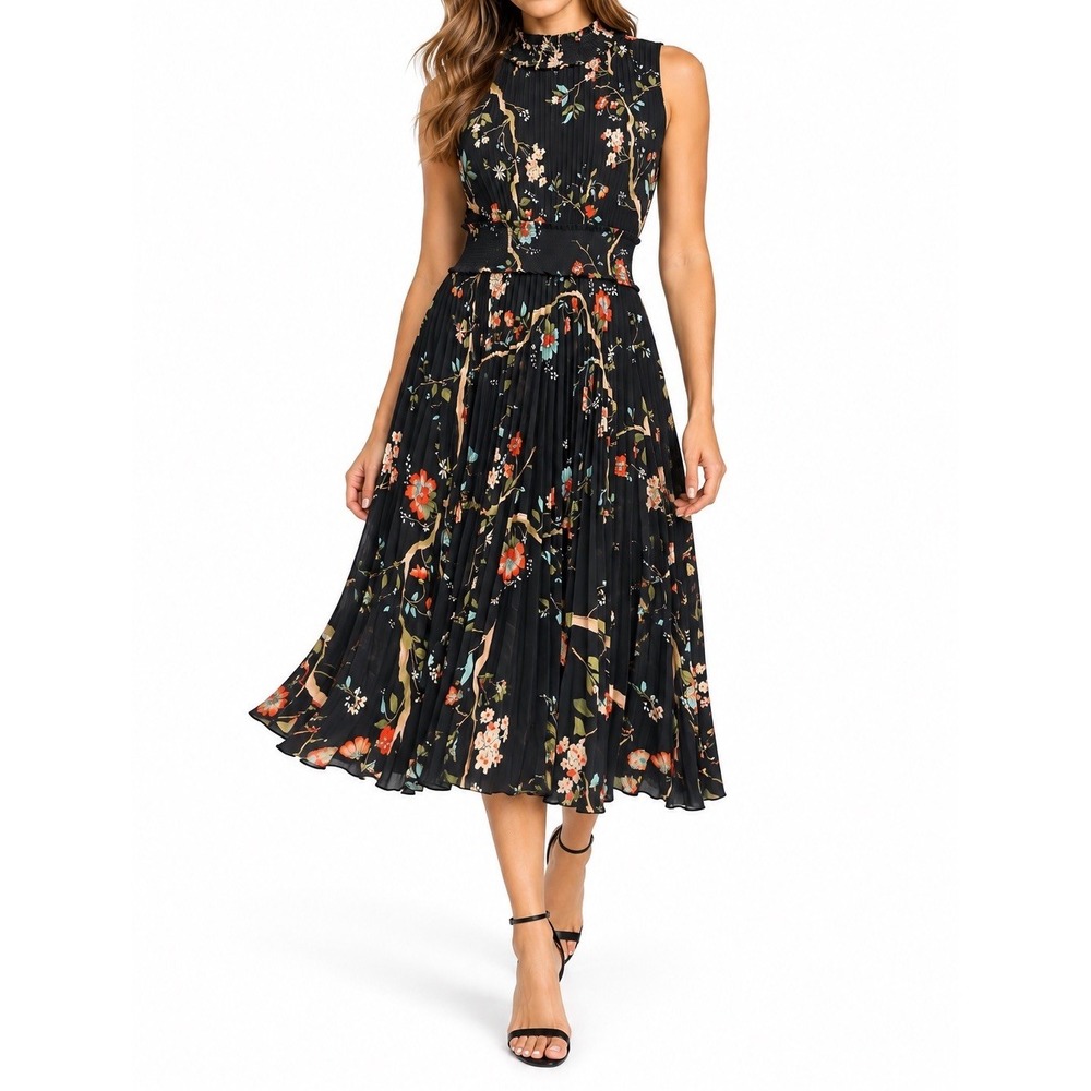 Nanette Lepore Dress Womens 14 Black Floral Pleated Midi Smocked Sleeveless